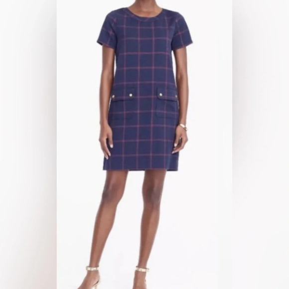NWT- J.CREW FACTORY Plaid Blue Red Straight Pockets Zippered Short Dress. Size 2 - Picture 2 of 8
